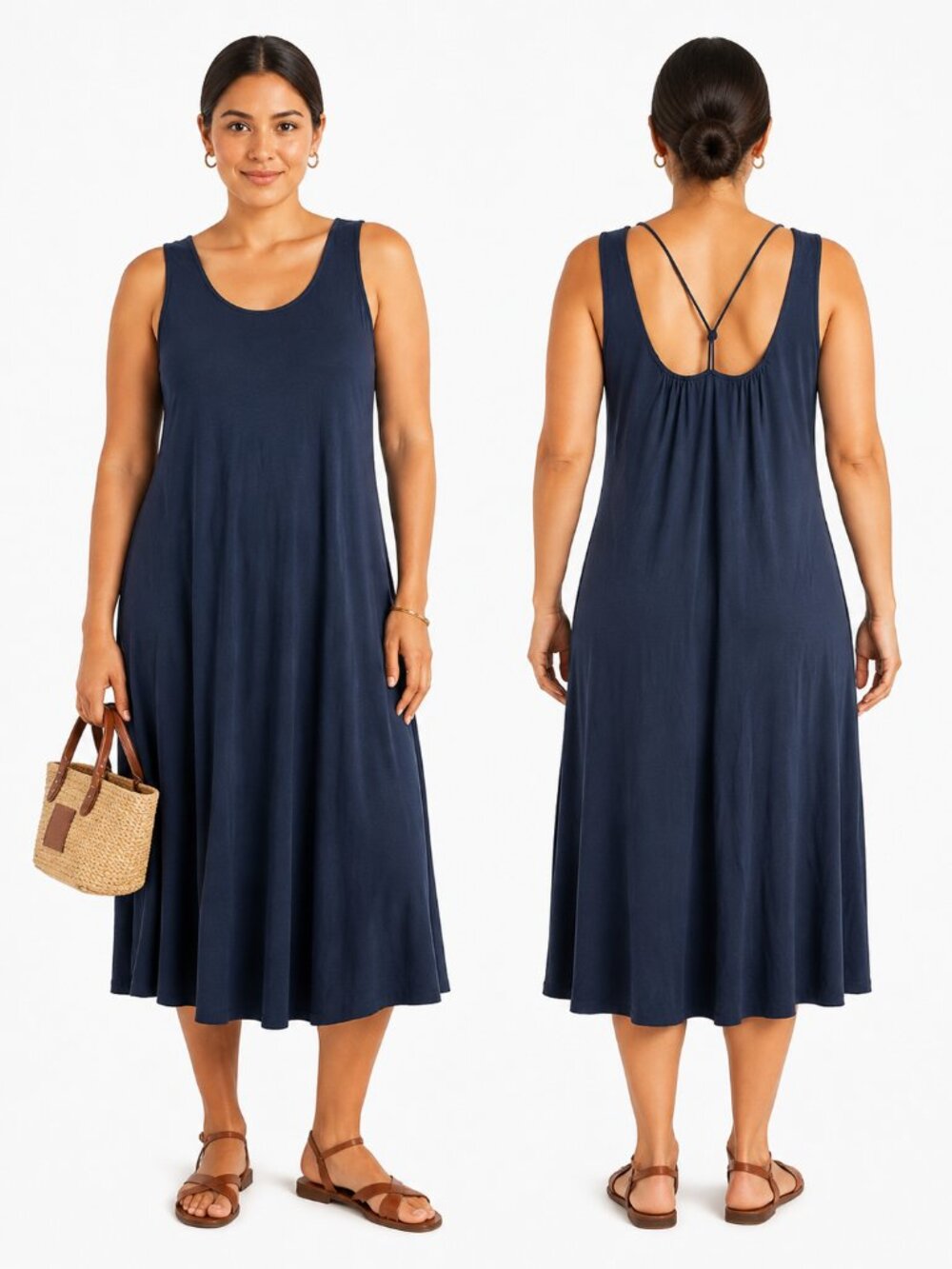 Eileen Fisher Navy Blue Strappy Back Midi Dress Minimalist Travel Size L